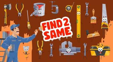 Find two same tool characters kids game worksheet vector