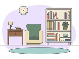 Book corner with simple bookshelf, mini sofa and table for reading vector