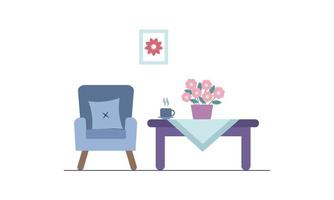 MINI TABLE AND SOFA WITH FLOWER VASE AND HOT COFFEE vector