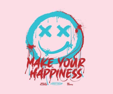 happy smile emoji icon in street style in grunge effect with a slogan print design, for streetwear and urban style t-shirts design, hoodies, etc.