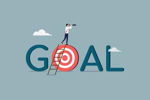 Business target or future vision, business opportunity or challenge ahead, target to achieve more goal and success, confidence businessman with telescope climb up ladder on goal vector