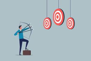 Aiming for many targets or goals in one shot, multitasking or multi purpose strategy, skillful businessman aiming multiple bows on three targets, achieve more in one time vector