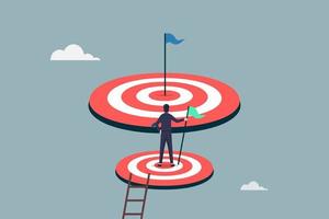 Success businessman climb up ladder reaching goal and looking for next bigger step, challenge achievement to higher target, the way forward or next level, bigger business goal concept vector