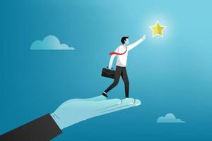 Giant hand lift up businessman employee to overcome obstacle reaching out the star in the sky, Career development support, assistant or mentor to help reach business goal to achieve target or success vector