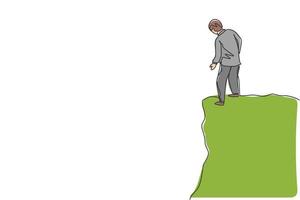 Single one line drawing of young smart business man looking down from top of the hill. Business risk and trap metaphor minimal concept. Modern continuous line draw design graphic vector illustration