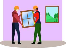 window repair and installation service,  Two workers in uniforms install plastic windows. Vector illustration design, Installer worker holding a new glass frame.