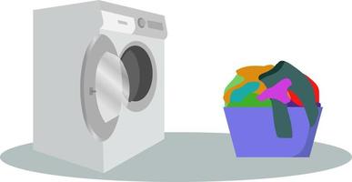 Lavado máquina con cesta. plano estilo vector ilustración, Lavado máquina y lavandería cesta ilustración lavadora con sucio ropa contorno ilustración.