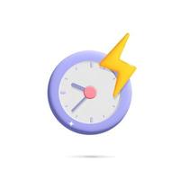 3d vector round purple alarm clock with hours icon and yellow flash thunder bolt symbol design