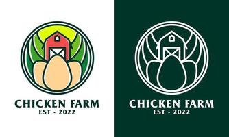 pollo granja logo, combinatorio huevo forma y granja escena. hecho en un monoline estilo, esta logo es Perfecto para logos para pollo granjas, plantaciones y otros. vector