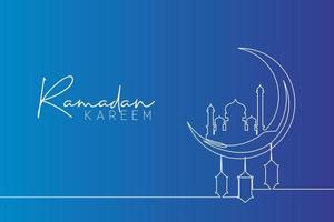 Ramadan Kareem greeting card, poster and banner design background. One continuous line drawing of islamic ornament masjid and lantern lamp hanging on moon. Single line draw vector illustration