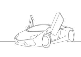 One line drawing of luxury sport car with butterfly door opened. Super car vehicle transportation concept. Single continuous line draw design vector