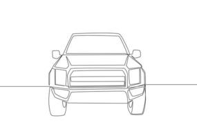 soltero línea dibujo de suv coche desde frente vista. familia cómodo vehículo transporte concepto. uno continuo línea dibujar diseño vector