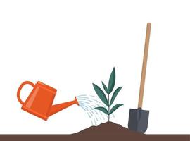 Just planted in the ground sprout with watering can and water drops, Isolated On White. Vector flat illustration.