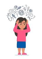 Sad girl standing on floor surrounded by stream of anxious thoughts. Autism, child stress, mental disorder, anxiety, depression, stress, headache. Child plugged ears with hands. Vector illustration.