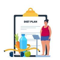 Fat woman standing on weigh scales. Diet plan checklist. Healthy food and sports. Vector illustration.