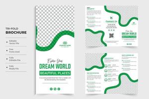 Vacation planner business template design with green color for marketing. Creative touring agency advertisement poster and leaflet design with abstract shapes. Travel business tri fold brochure. vector