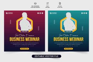 Corporate webinar and conference invitation template vector with red and blue colors. Office seminar poster design for social media marketing. Business promotion webinar template social media post.