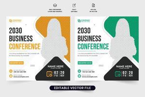 Online business conference and webinar social media post vector with yellow and green colors. Office conference poster design with photo placeholders. Business webinar template for digital marketing.