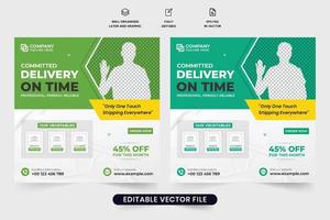 Shipping and delivery service promotional web banner design with yellow and green colors. Modern food delivery business advertisement poster vector. Supermarket delivery and courier business. vector