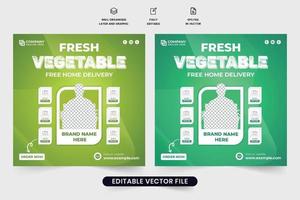 Fresh vegetable delivery service poster design for supermarkets. Grocery home delivery service social media post vector with green backgrounds. Special courier business web banner template.