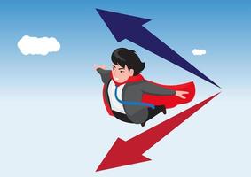 A man moves upward towards his target against the background of a blue sky, clouds and an upward arrow. Career growth or startup. vector