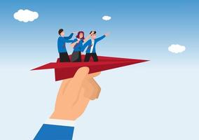 Mentor or support employee to success, manager to help or advice staff to reach goal, work coaching or adviser expert concept, businessman manager launching paper plane origami with team colleagues.
