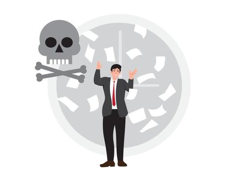 skull with clock Very hard working business concept but did not achieve the goal Until the body does not rest until death. Vector Illustration