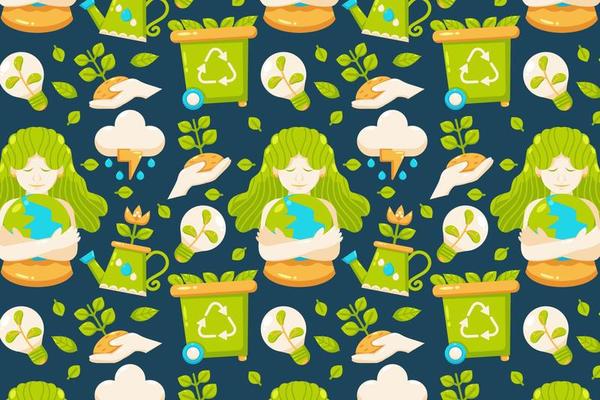 Happy Earth Day. Women hugging the earth, watering plants, lights, rain, and trash can patterns
