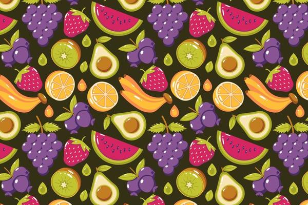 Fresh fruit pattern. Watermelon, strawberries, grapes, bananas, avocados, blueberries, kiwi and oranges