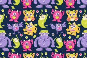 Cute monsters. Patterns of zombies, bats, demons and ghosts vector