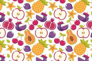 Fresh fruit pattern. Papaya, apple, chery, pineapple, mangosteen, star fruit and pomegranate. vector