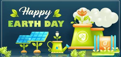 Happy Earth Day. 3d vector solar panel, Plant Watering, factory waste and nature