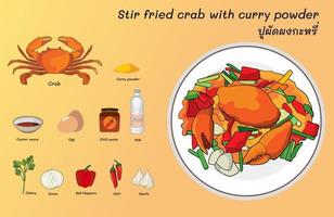 Stir fried crab with curry powder, crab garlic and celery with season with oyster sauce, curry powder, chili powder, and chili paste. Add sliced onions, bell peppers. vector