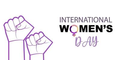 internacional De las mujeres día bandera póster. el movimiento para De las mujeres derechos. feminismo activistas dificil para mujer derechos de libertad, independencia y igualdad. puño bache apretado poder y conflicto. vector