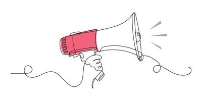 Line art megaphone announcement, one continuous single line drawing of hand hold a speaker megaphone isolated. vector