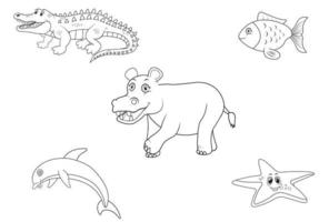 Ocean animals thin line art coloring set isolated on a white background vector