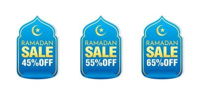 Ramadan sale blue stickers set 45, 55, 65 off discount vector