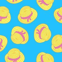 Straw hat seamless pattern. Hand drawn vector illustration in cartoon flat style on blue background