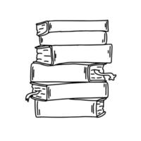 A stack of books in cartoon outline doodle style. Reading books in library. Bookstore logo. Vector illustration isolated on white background.