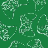 Seamless pattern of game controllers. Vector illustration in hand-drawn outline flat style on green background