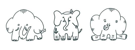 Elephants set with faces situations. Vector illustration in outline cartoon flat style isolated on white background.