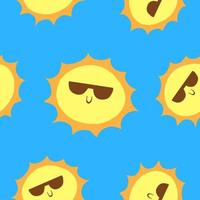 Funny sun with sunglasses. Seamless pattern. Vector illustration in cartoon flat style isolated on blue background.