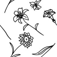 Seamless pattern with flowers in outline doodle style on a white background. Sketch for coloring. vector