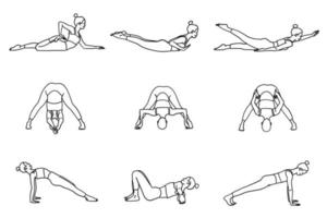 Yoga poses collection. Black and white. Female woman girl. Vector illustration in outline style isolated on white background.