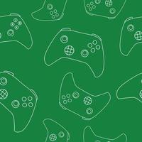 Seamless pattern of game controllers. Vector illustration in hand-drawn outline flat style on green background