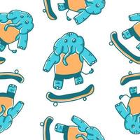 Elephant-skateboarder. Vector seamless pattern in cartoon flat style isolated on white background.