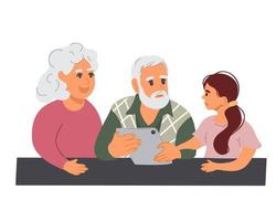 Elderly man and woman with a little girl looking at a tablet vector