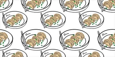 Seamless pattern with Chinese, Japanese and Korean dumplings on a plate . vector