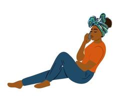 joven africano americano mujer sentado y hablando en el teléfono. vector