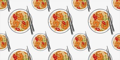 Seamless pattern with Chinese soup with shrimp and noodles. vector